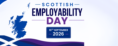 Scottish Employability Day 10th September 2026, banner showing blue map of Scotland and decorated with Blue and purple text and ribbon including a Saltire